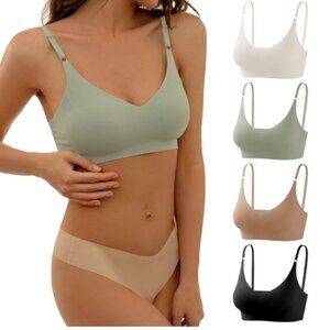 DEANGELMON 4 Pieces V Neck Bralettes Padded Seamless Adjustable Straps Bra *SZ*L